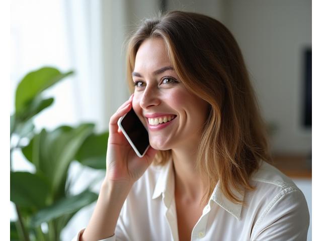 Woman happily talking on the phone with a plant in the background, representing easy contact and wellness support.