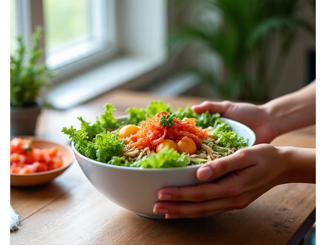 Woman enjoying a mindful meal, showing healthy food