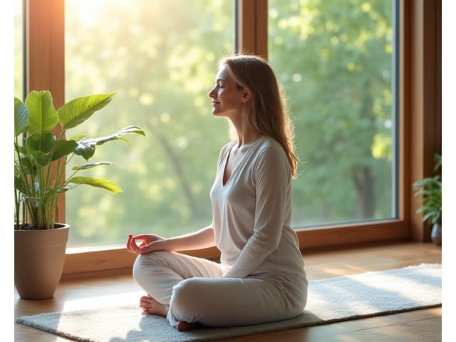 Woman enjoying serene morning yoga with sun shining through a window, representing daily wellness and clarity.