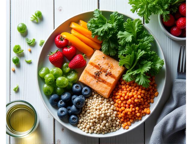 A vibrant, healthy meal with colorful vegetables, lean protein, and whole grains, signifying diet for longevity.