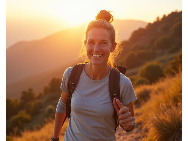 Emma, 52, confidently hiking after adopting Lagoon Path's healthy aging protocol.