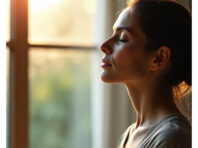 Maria, 45, meditating peacefully, embodying mental clarity and stress reduction.