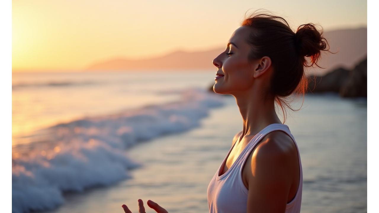 A serene woman meditating by the ocean's edge at sunset, embodying calm and mental clarity.