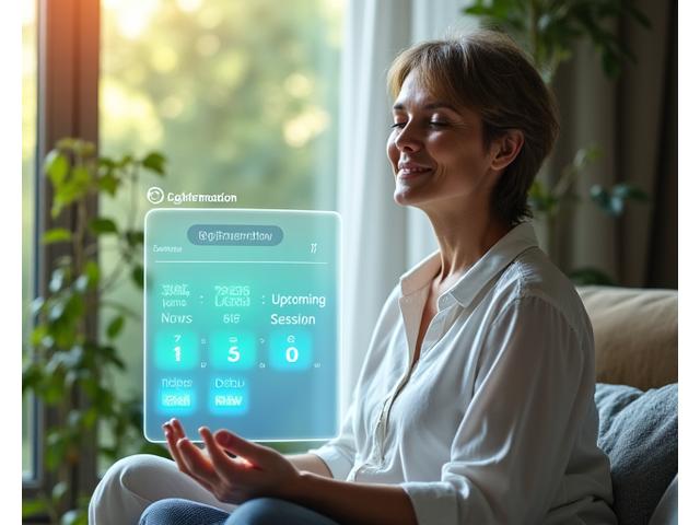An illustration of a serene individual meditating with a digital calendar interface overlaid, suggesting an interactive virtual workshop schedule.