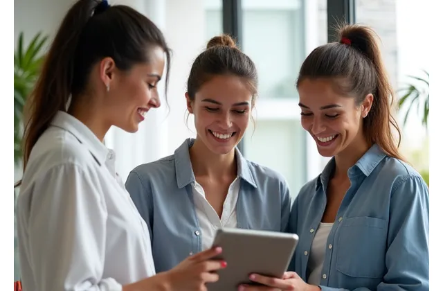 A diverse group of wellness experts (nutritionist, fitness coach, mental health professional) smiling and engaged in a supportive group discussion, representing expert support and teamwork.