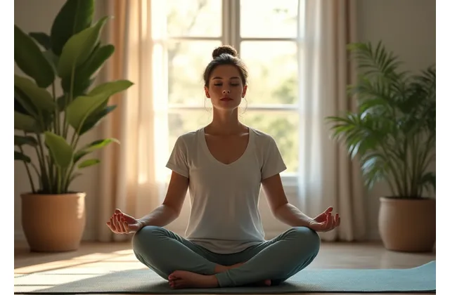 An individual in a serene, modern space practicing gentle mindfulness or meditation, demonstrating calm and focus amidst a soft, inviting atmosphere.