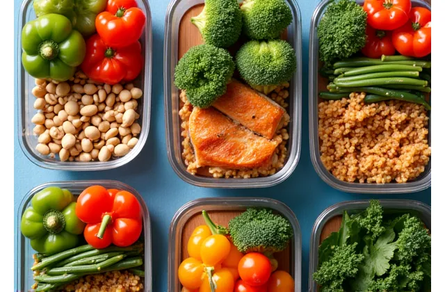 A vibrant and balanced meal prep scene with various healthy ingredients like fresh vegetables, whole grains, lean proteins, all neatly portioned and ready, illustrating personalized nutrition.
