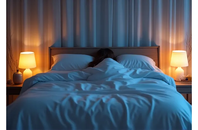 A tranquil bedroom scene with soft lighting, a person sleeping peacefully under crisp, clean sheets, embodying optimized sleep environments and deep rest.