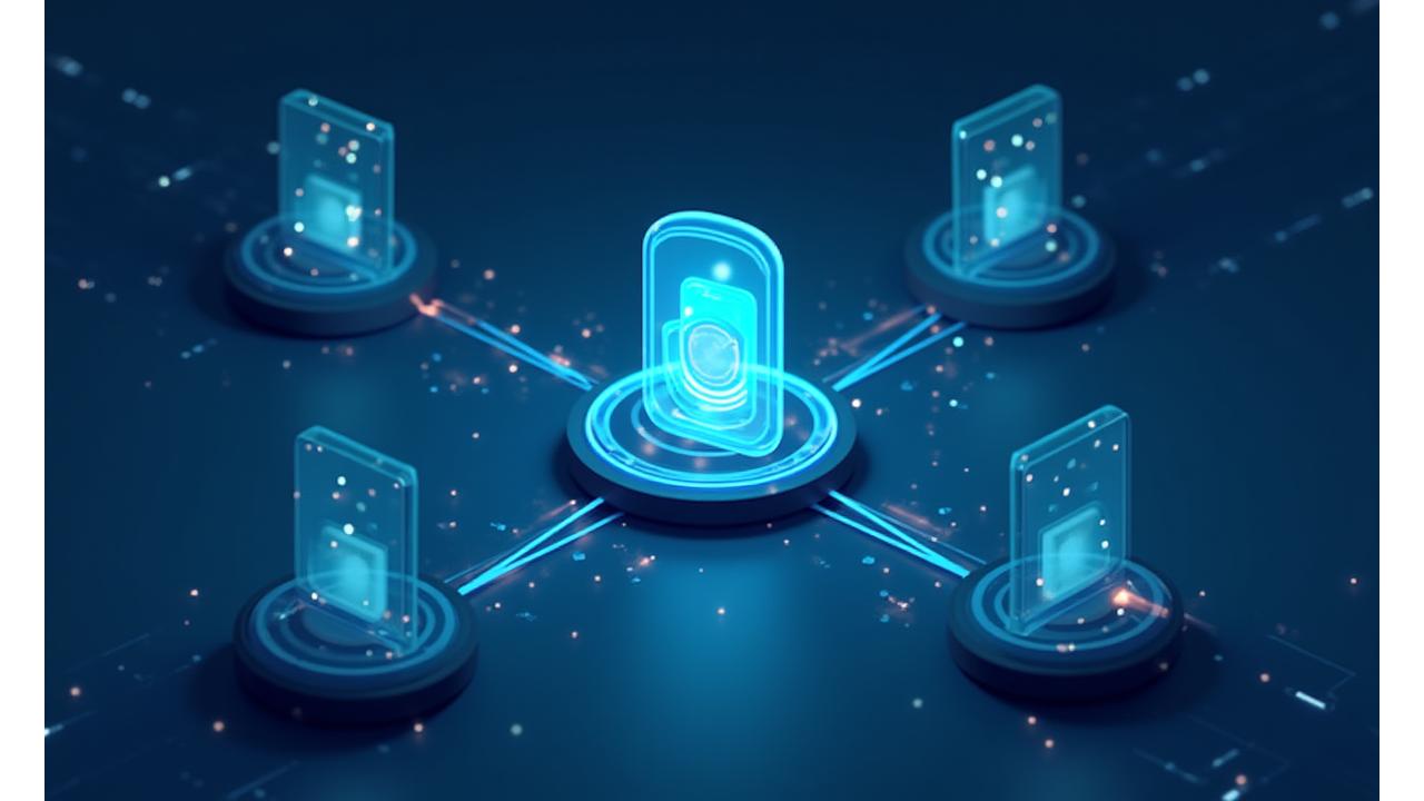 Illustration of interconnected digital nodes with a clear central protective barrier, symbolizing controlled and consented data sharing practices with third parties, emphasizing privacy.