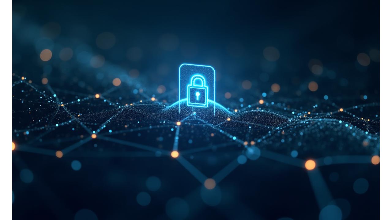 Abstract illustration of a secure digital network, represented by interconnected glowing nodes within a protective barrier, illustrating data encryption and a fortified system.