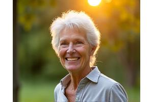 A vibrant older adult enjoying a walk in a sunny park