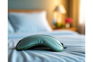 A serene bedroom with soft lighting and a sleep mask on a pillow