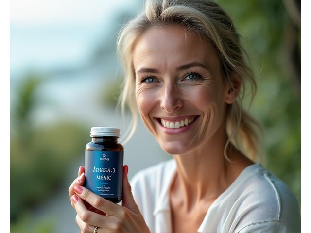 A woman in her 40s smiling, holding a bottle of high-quality Omega-3 supplements, with a blurred natural, serene background evoking wellness.