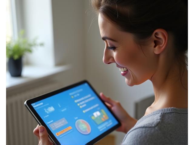 A woman in her late 30s using a tablet to take an interactive health quiz, screens reflecting personalized product suggestions