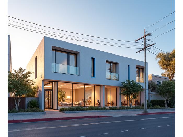 Modern, inviting building exterior of Lagoon Path's Santa Monica office at sunset.