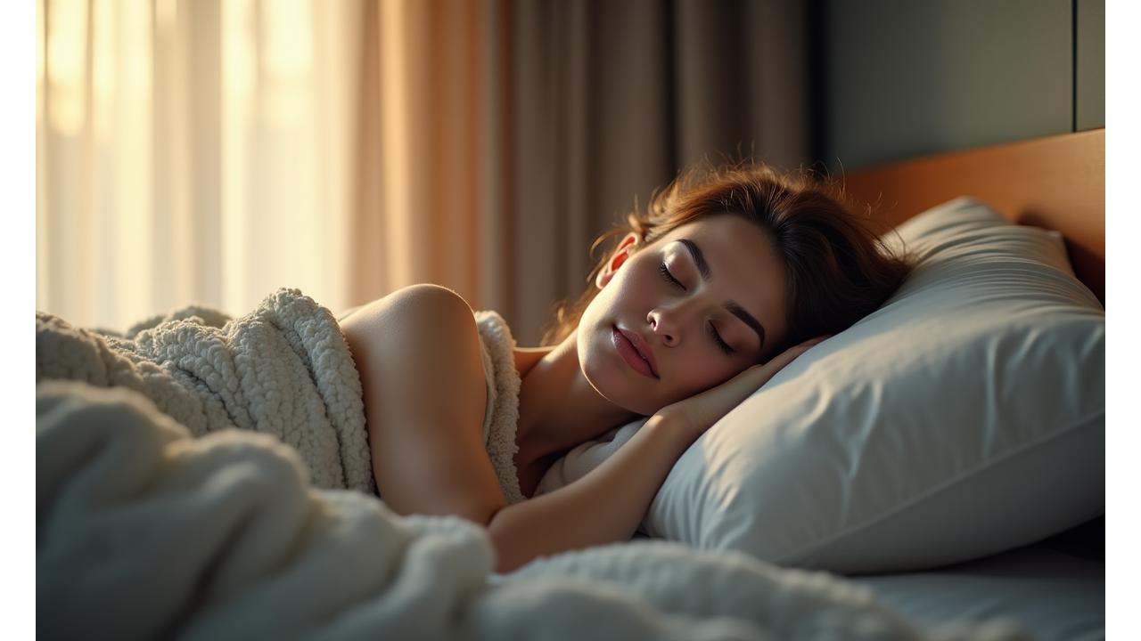 Woman comfortably sleeping in a serene, modern bedroom with soft lighting, representing optimized rest.