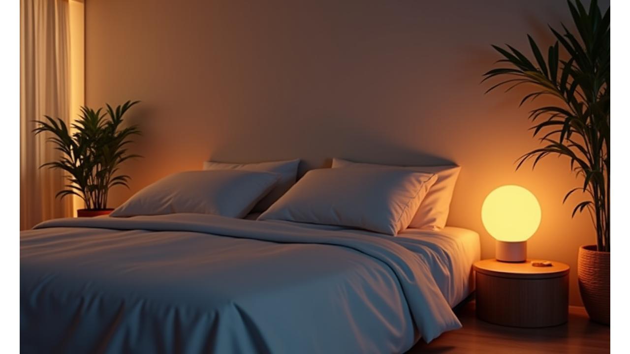 Serene bedroom environment with smart lighting, a comfortable bed, and minimalist decor, suggesting optimal conditions for sleep.